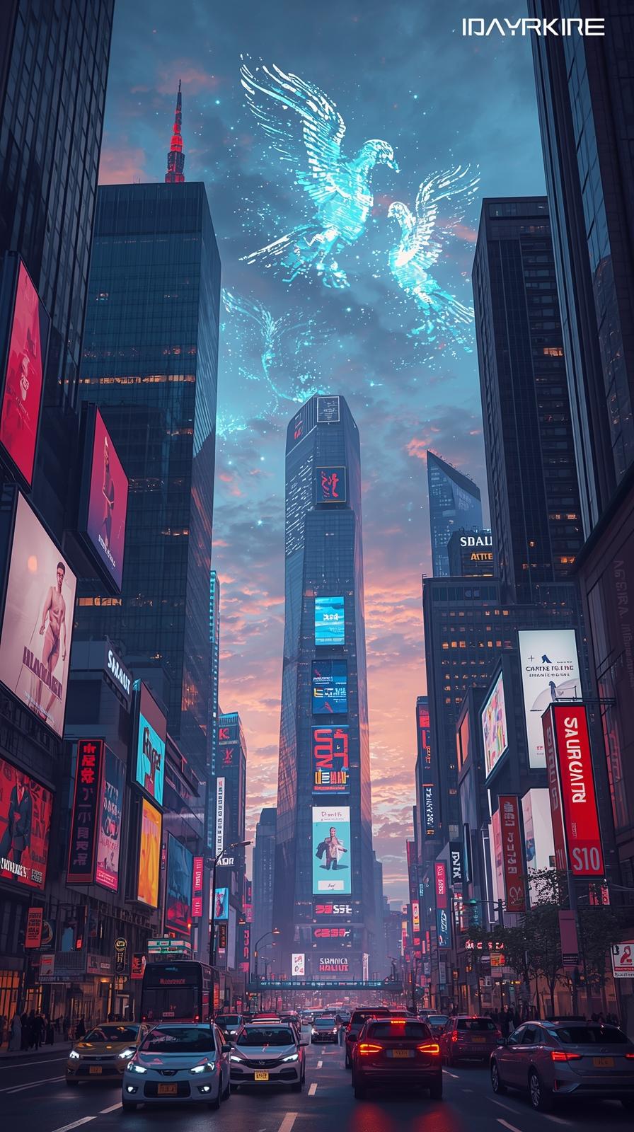 Cityscape With Floating Holographic Ads