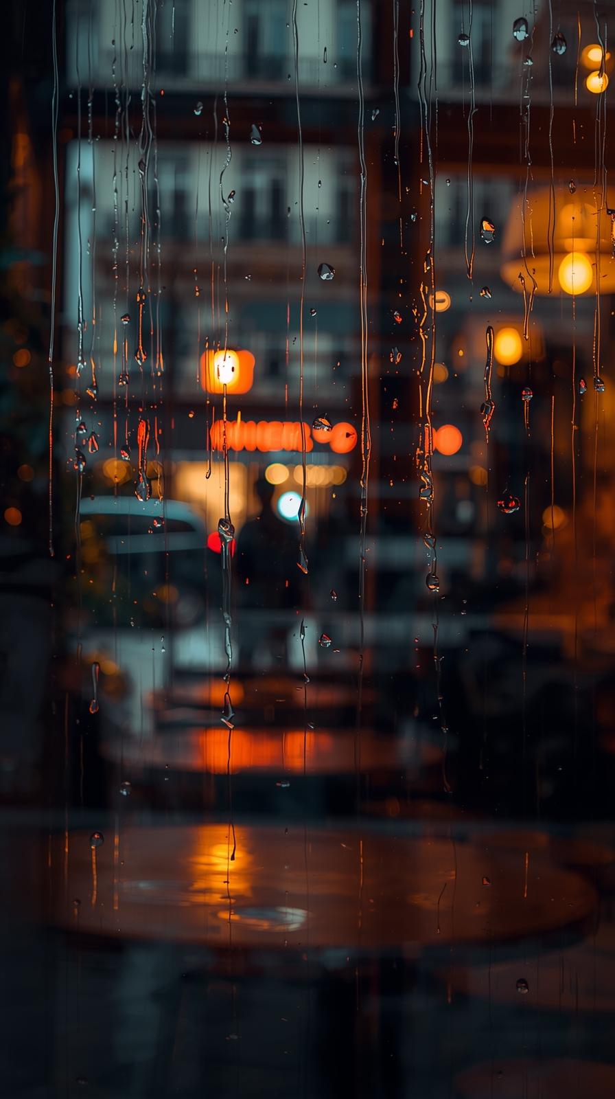 Cozy City Caf Window With Rainy Glass