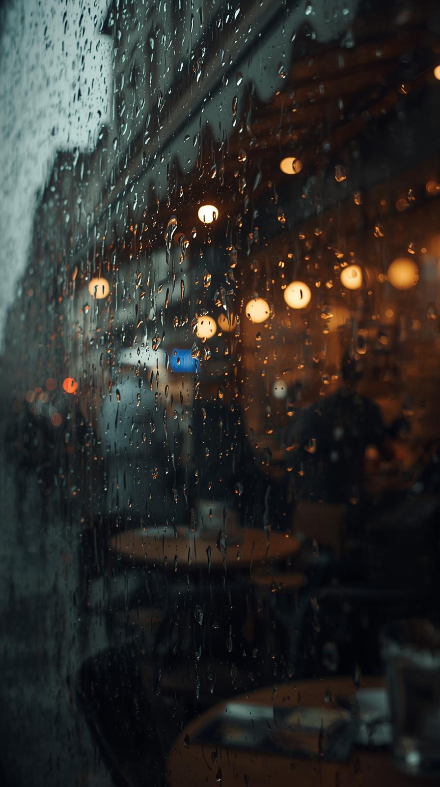 Cozy City Caf Window With Rainy Glass