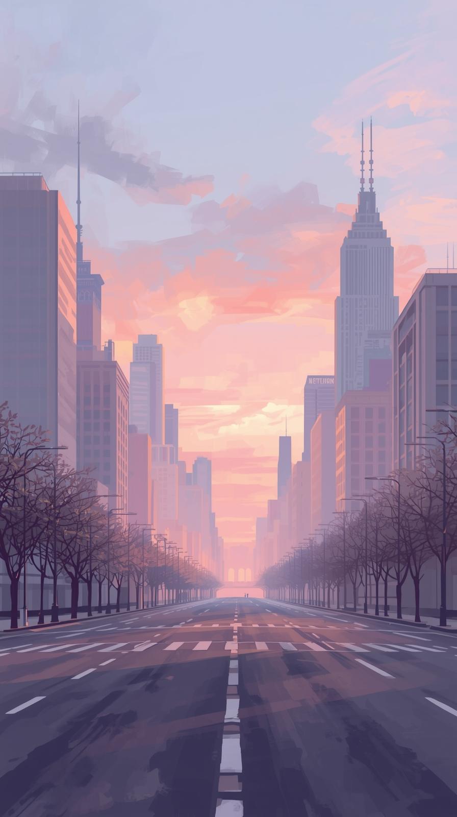 Deserted City At Dawn With Soft Pastel Sky