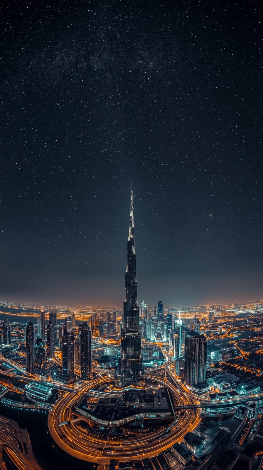Dubai Skyline With Burj Khalifa Against A Starry N