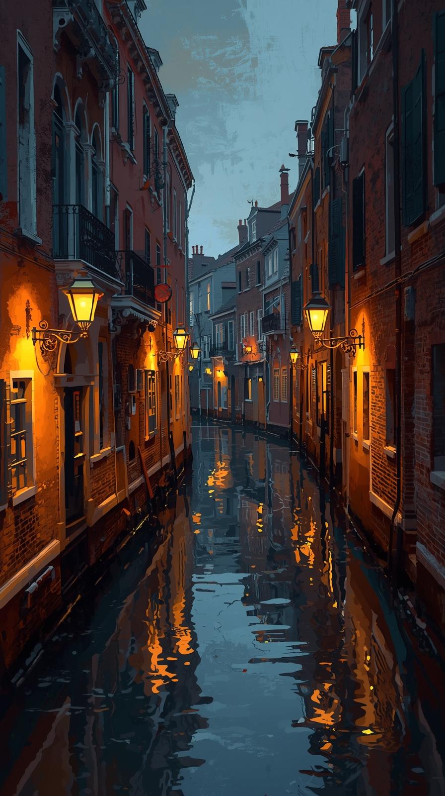 European Canal Street With Beautiful Lights