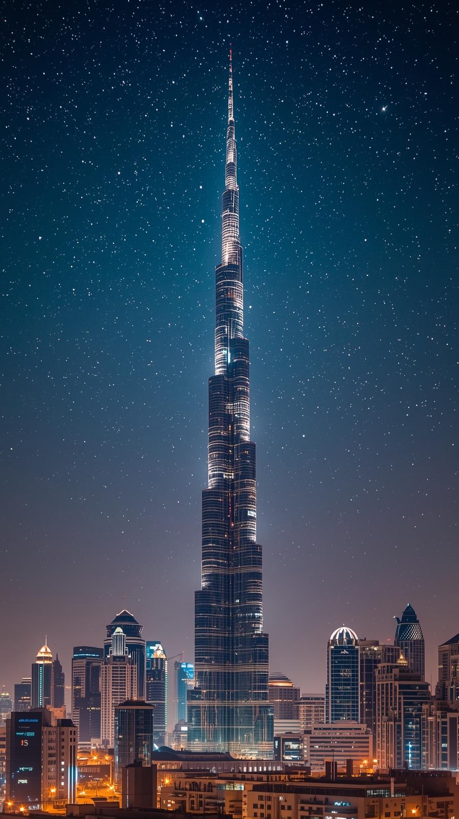 Dubai Skyline With Burj Khalifa Against A Starry N