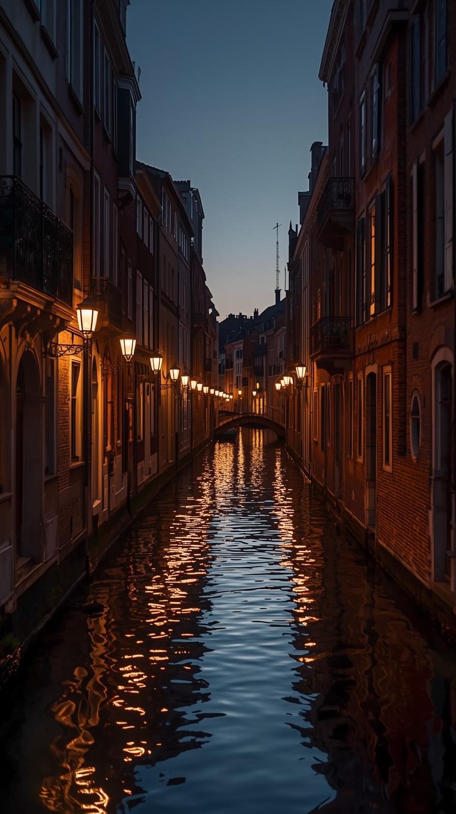 European Canal Street With Beautiful Lights