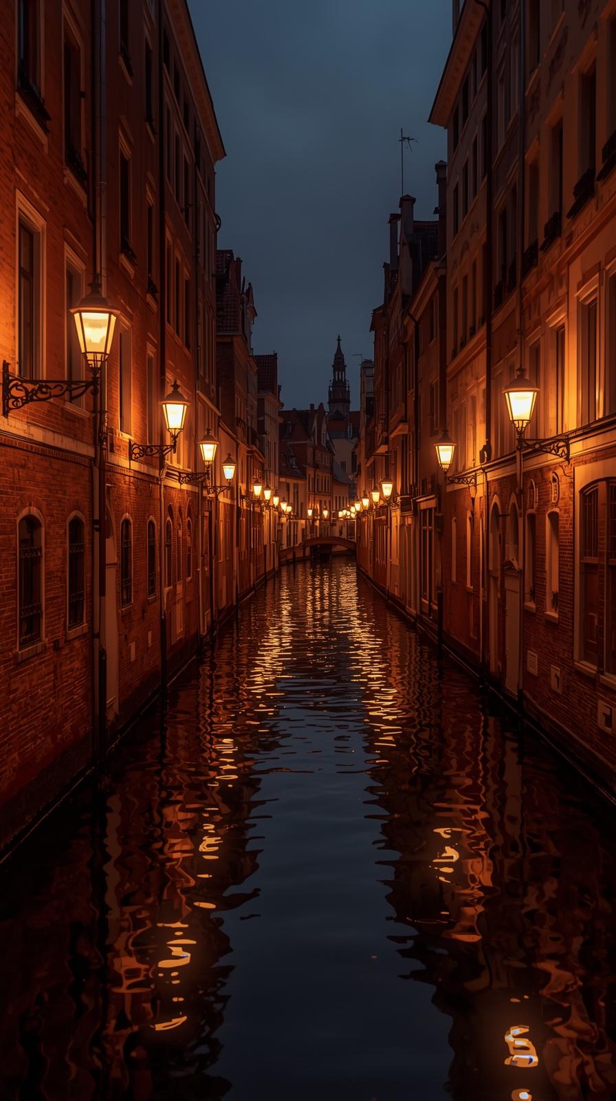 European Canal Street With Beautiful Lights
