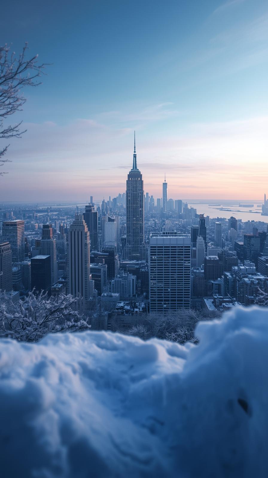 Frozen Winter City Skyline With Snow