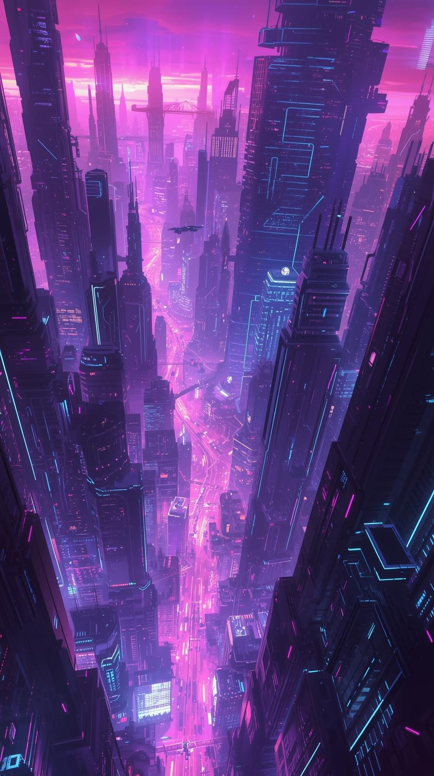 Futuristic Cyberpunk Cityscape In Purple And Blue