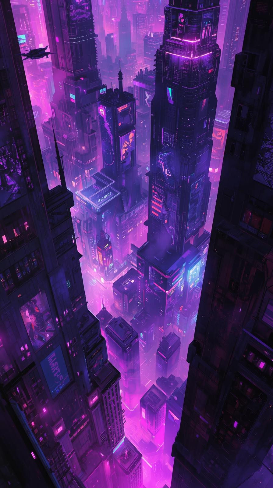 Futuristic Cyberpunk Cityscape In Purple And Blue