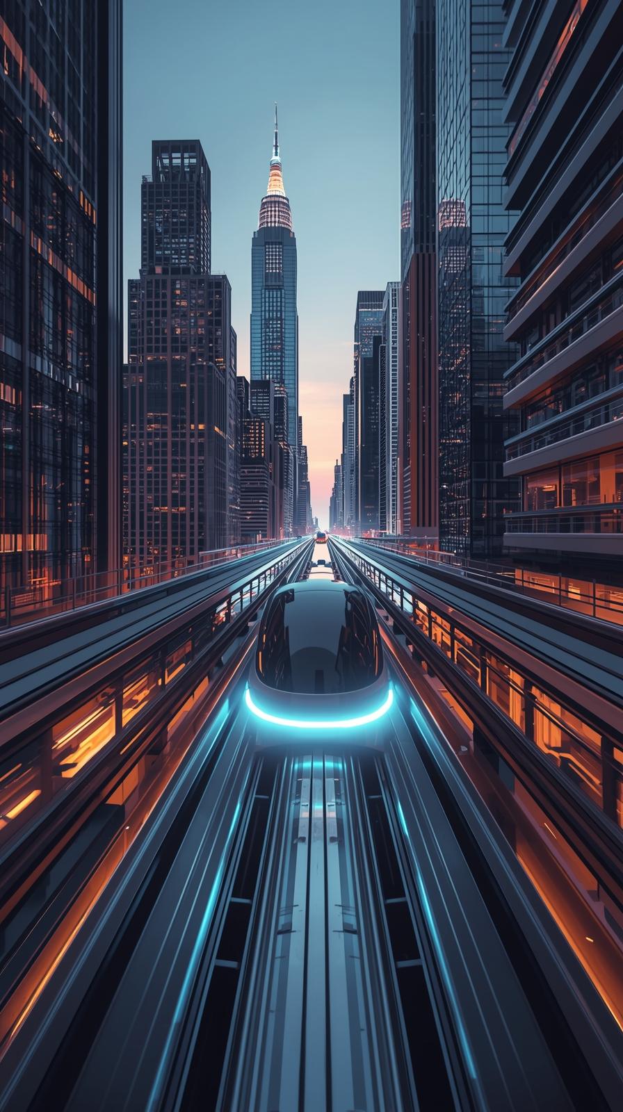 Futuristic Monorail Passing Through Skyscrapers
