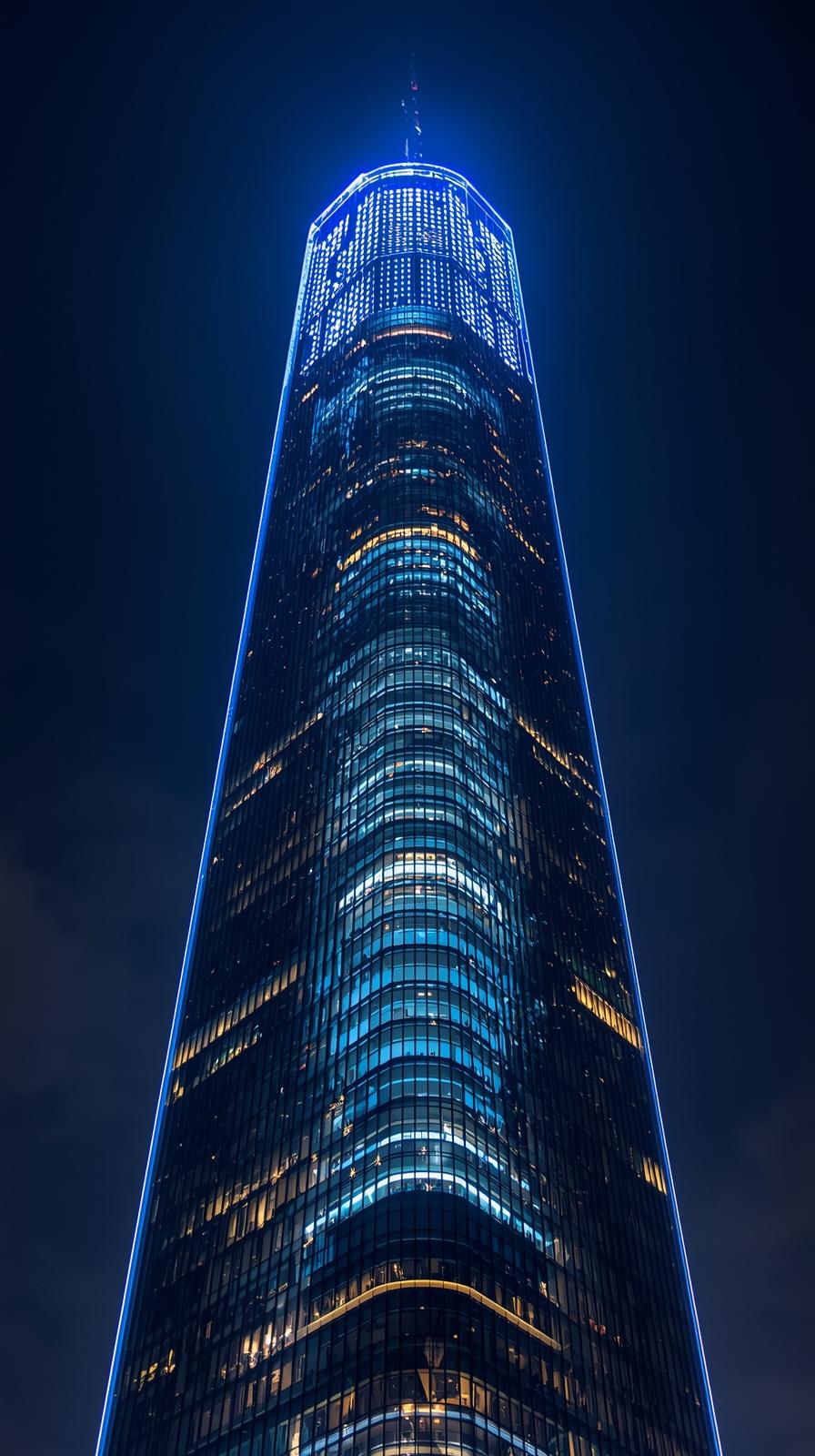 Glass Tower With Glowing Blue Lights