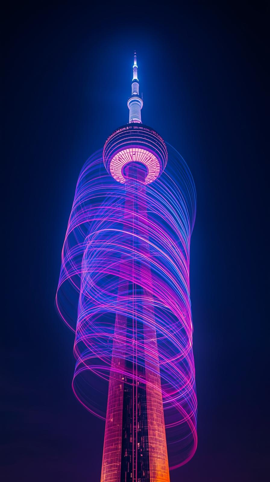 Glowing Light Streaks Around A City Tower