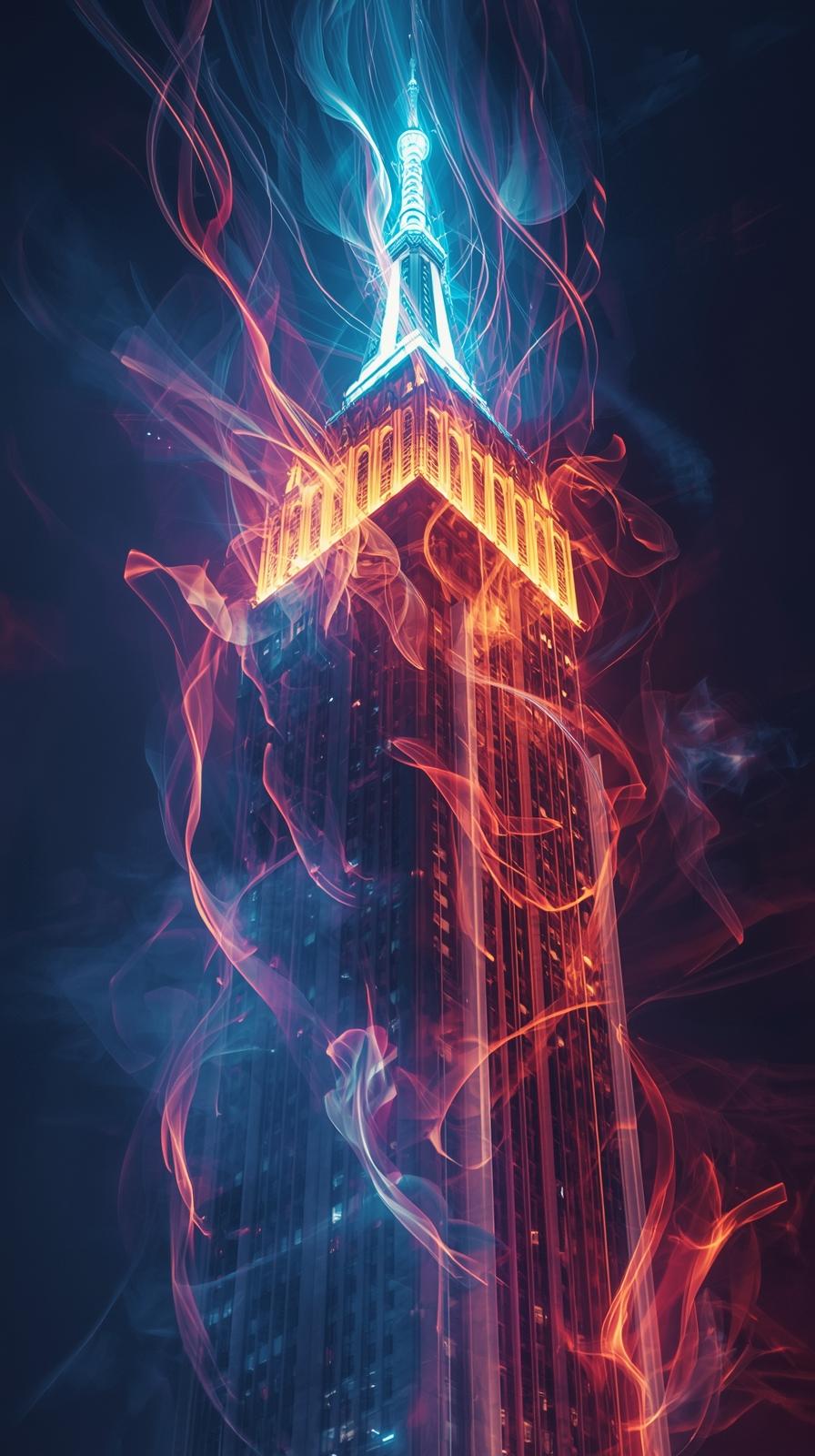 Glowing Light Streaks Around A City Tower