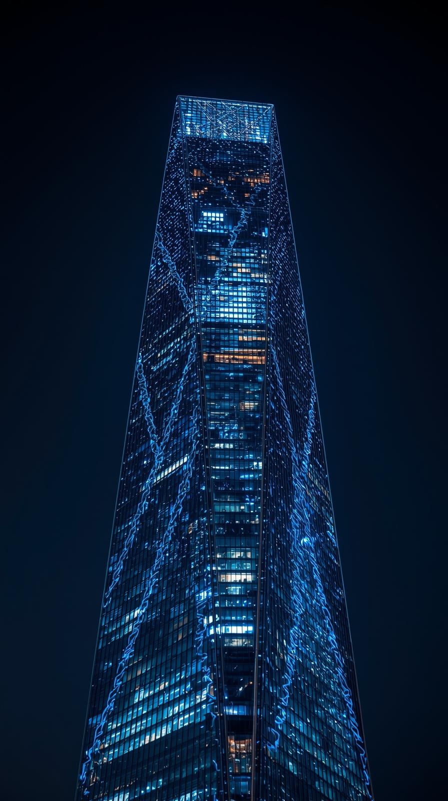 Glass Tower With Glowing Blue Lights