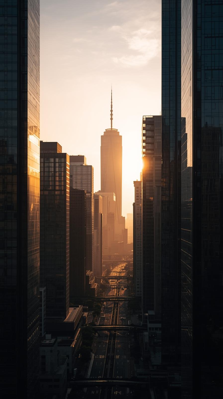 Golden Hour Reflection On Tall Buildings
