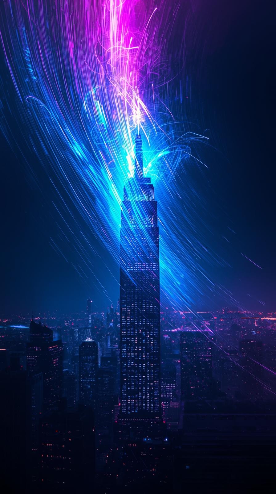 Glowing Light Streaks Around A City Tower