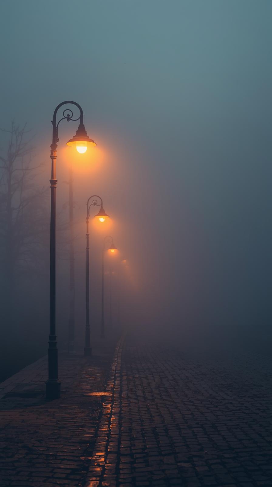 Misty Evening Street With Vintage Lamps