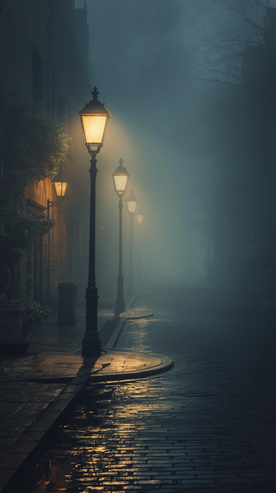 Misty Evening Street With Vintage Lamps