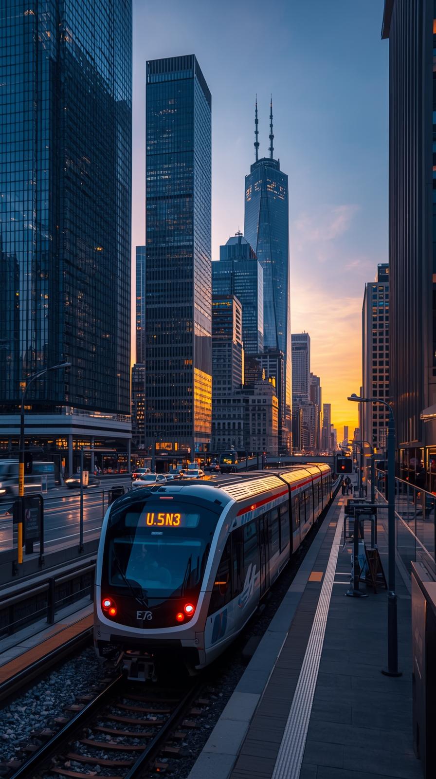 Modern City Train Passing Skyscrapers