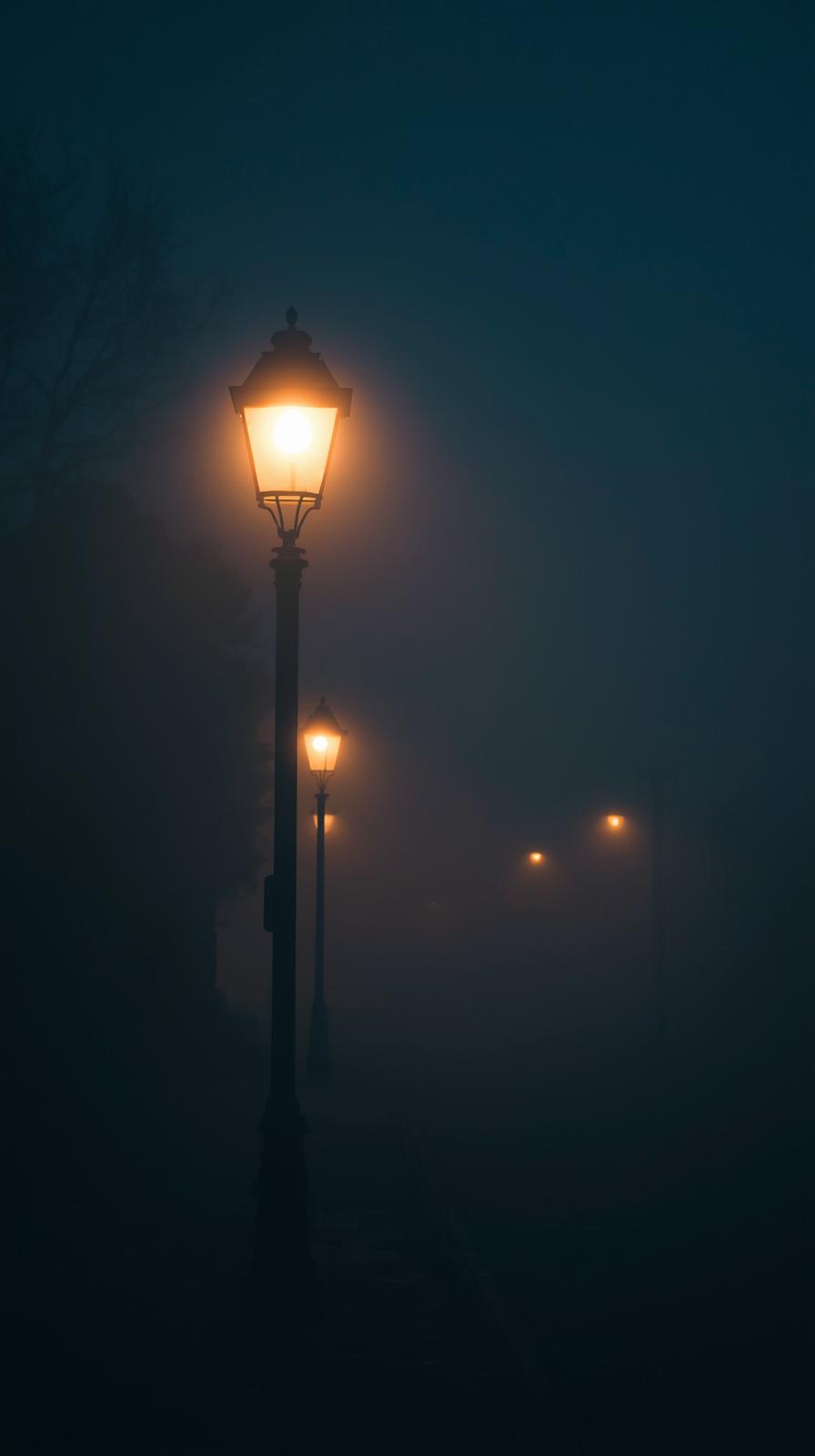 Misty Evening Street With Vintage Lamps