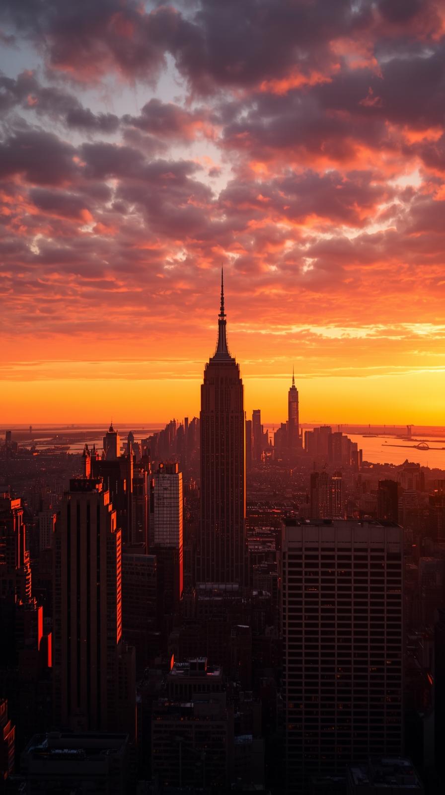 New York Skyline At Sunset With Warm Golden Hour G