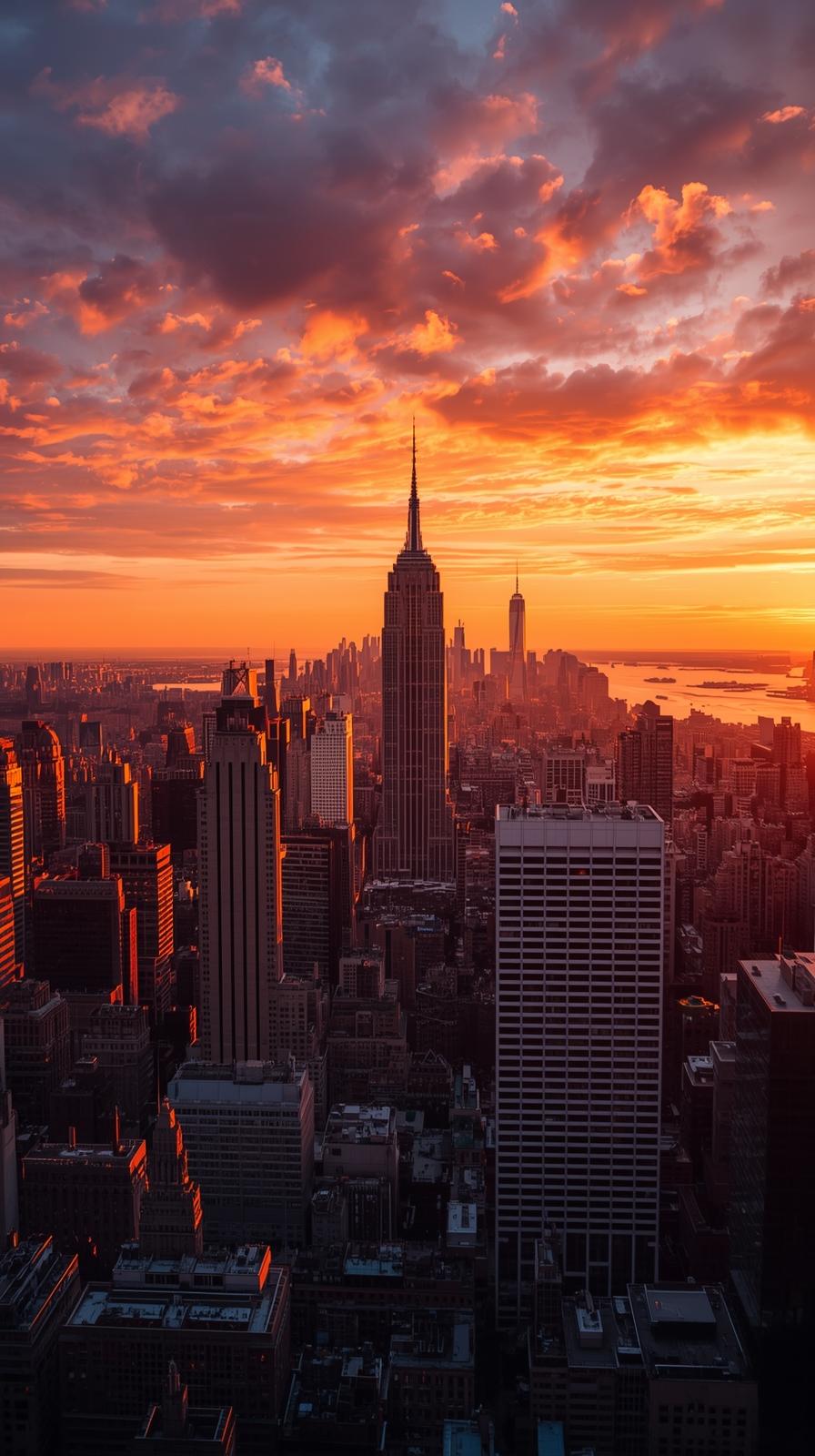 New York Skyline At Sunset With Warm Golden Hour G