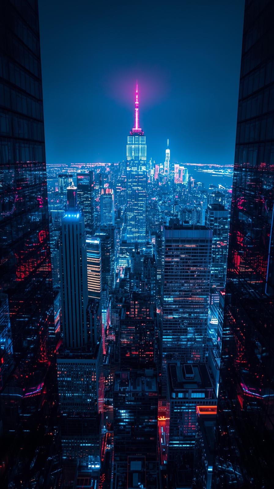 Night City Skyline With Glowing Neon Lights Reflec
