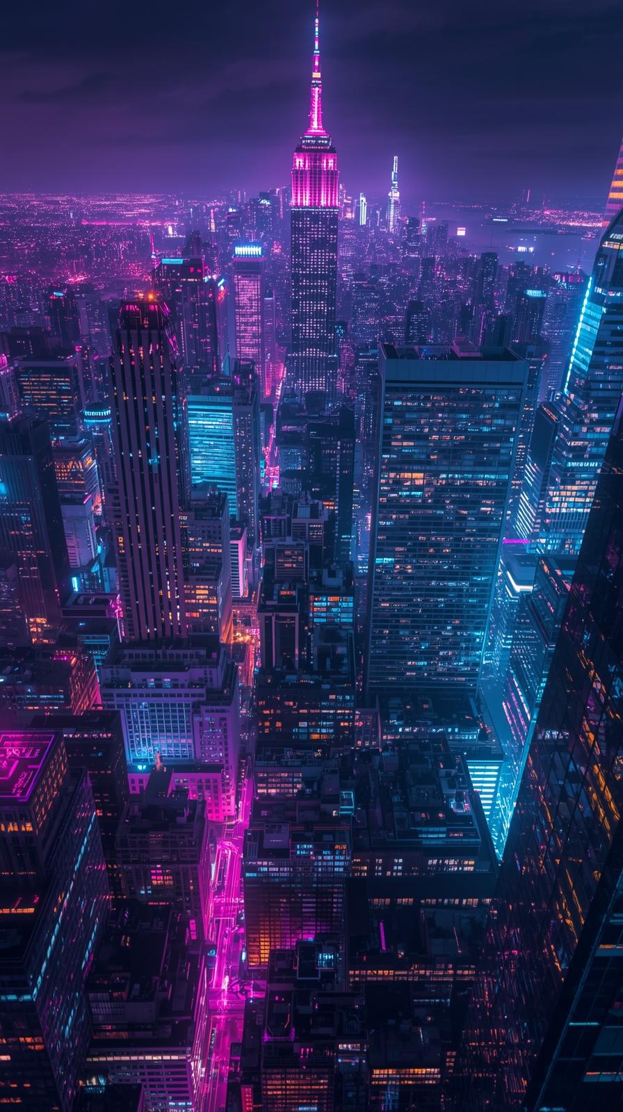 Night City Skyline With Glowing Neon Lights Reflec
