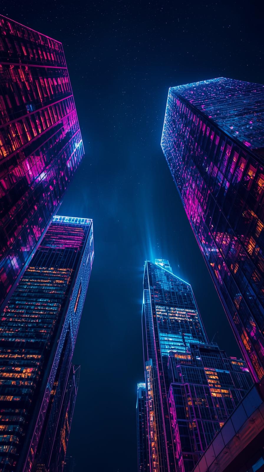 Night City Skyline With Glowing Neon Lights Reflec