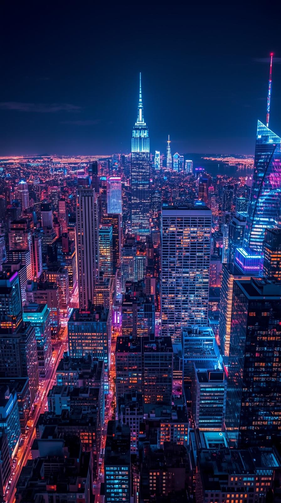 Night City Skyline With Glowing Neon Lights Reflec