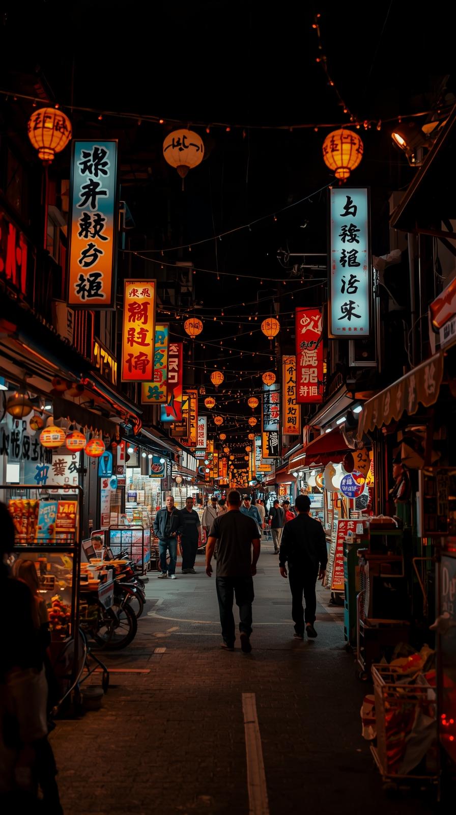 Night Market Street With Glowing Signage