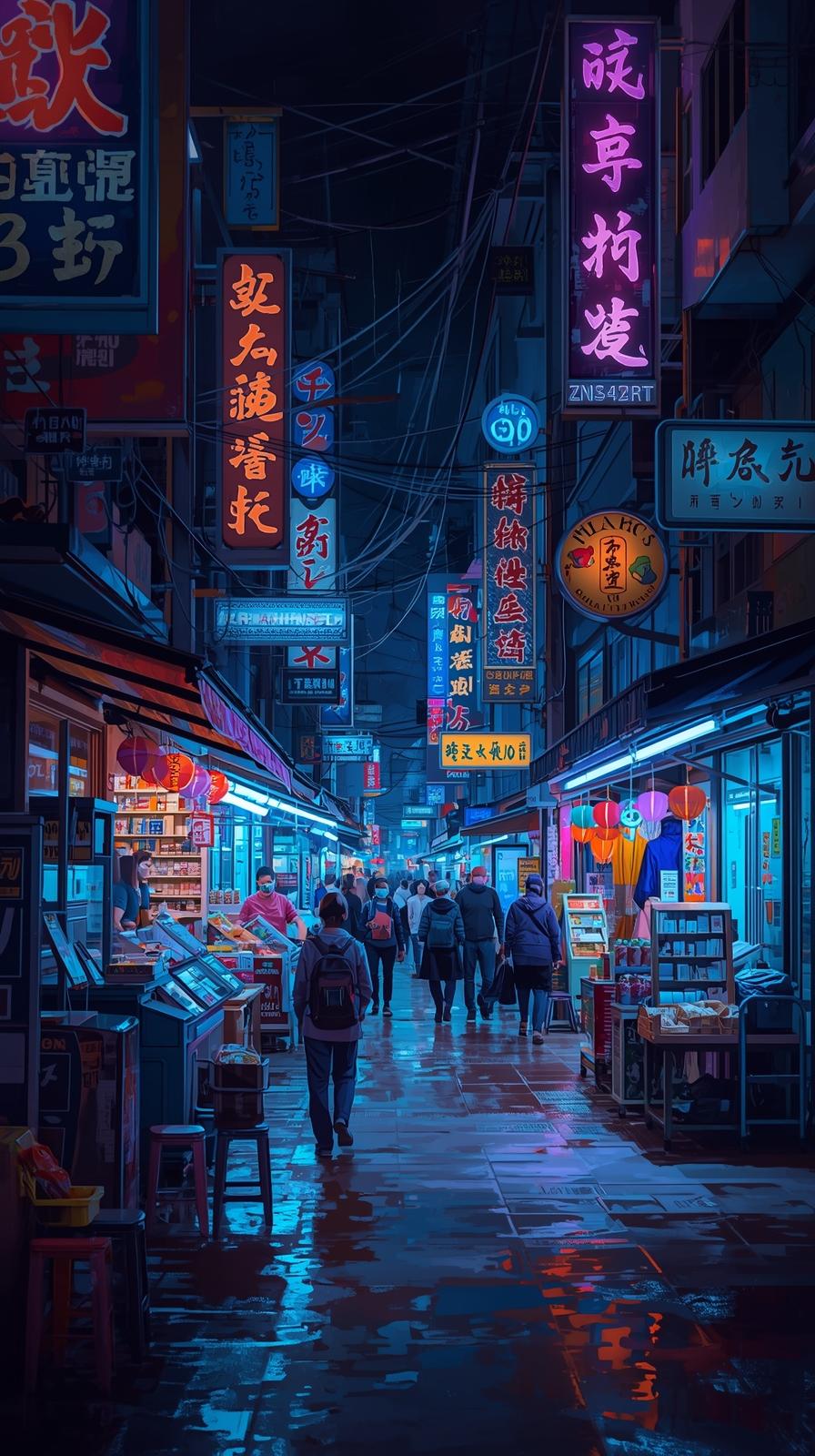 Night Market Street With Glowing Signage