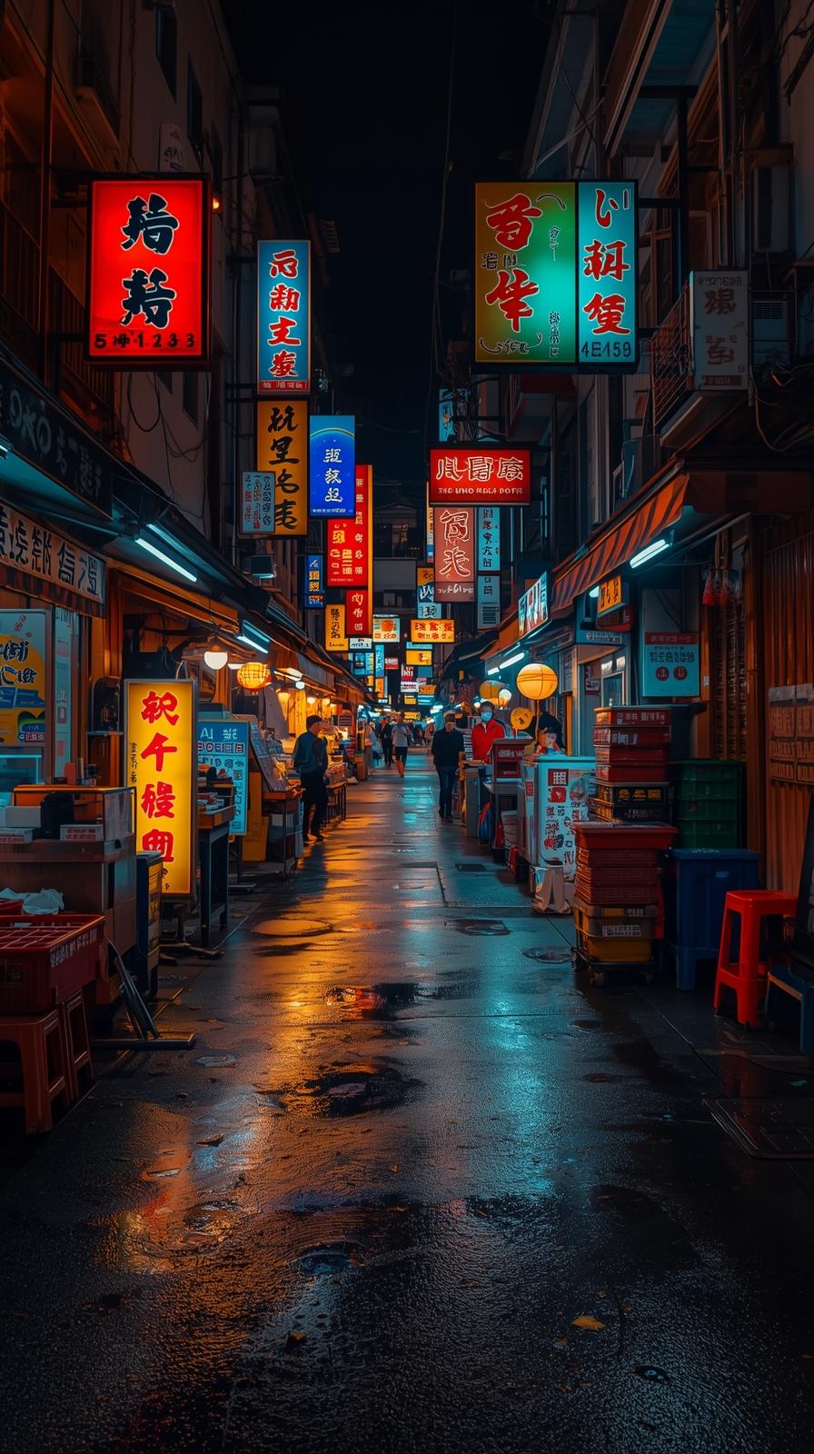 Night Market Street With Glowing Signage