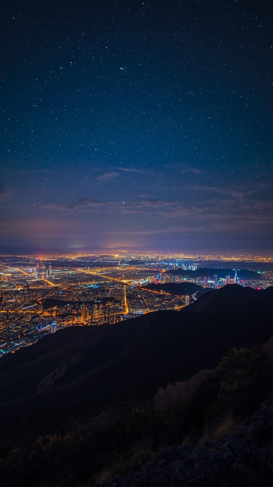 Night View Of City Lights From Mountain Top