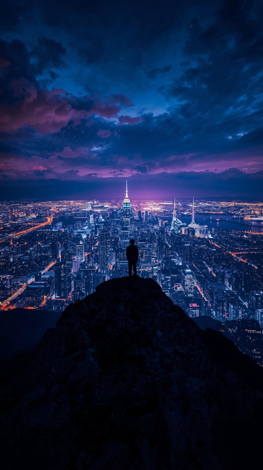 Night View Of City Lights From Mountain Top