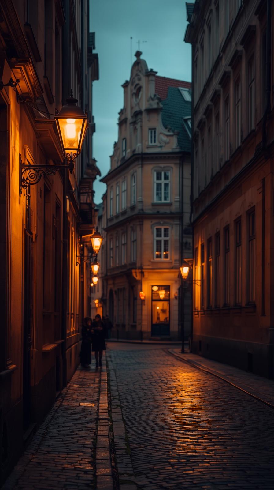 Old European Architecture With Warm Street Lantern