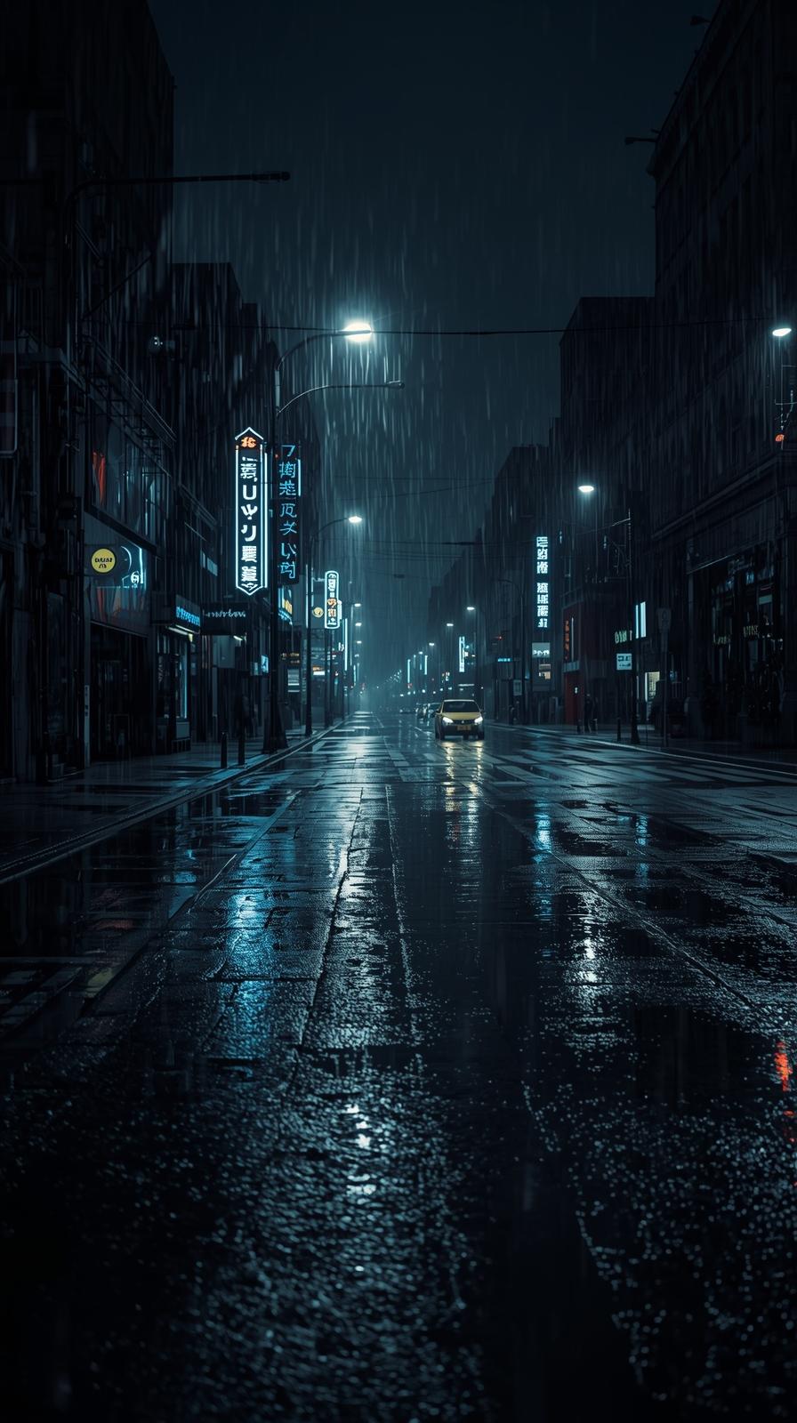Rainy City Street With Reflections And Moody Light