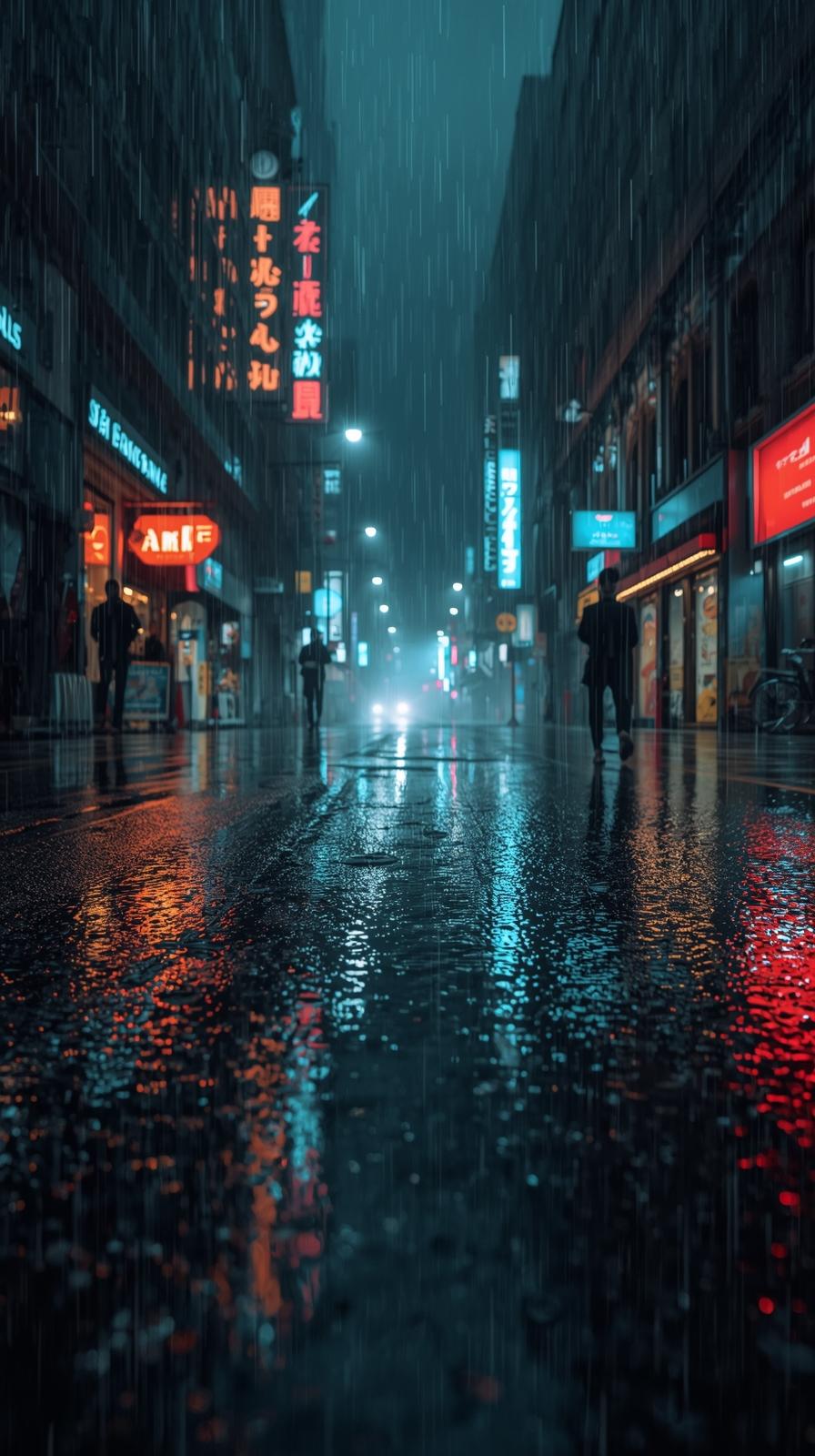 Rainy City Street With Reflections And Moody Light