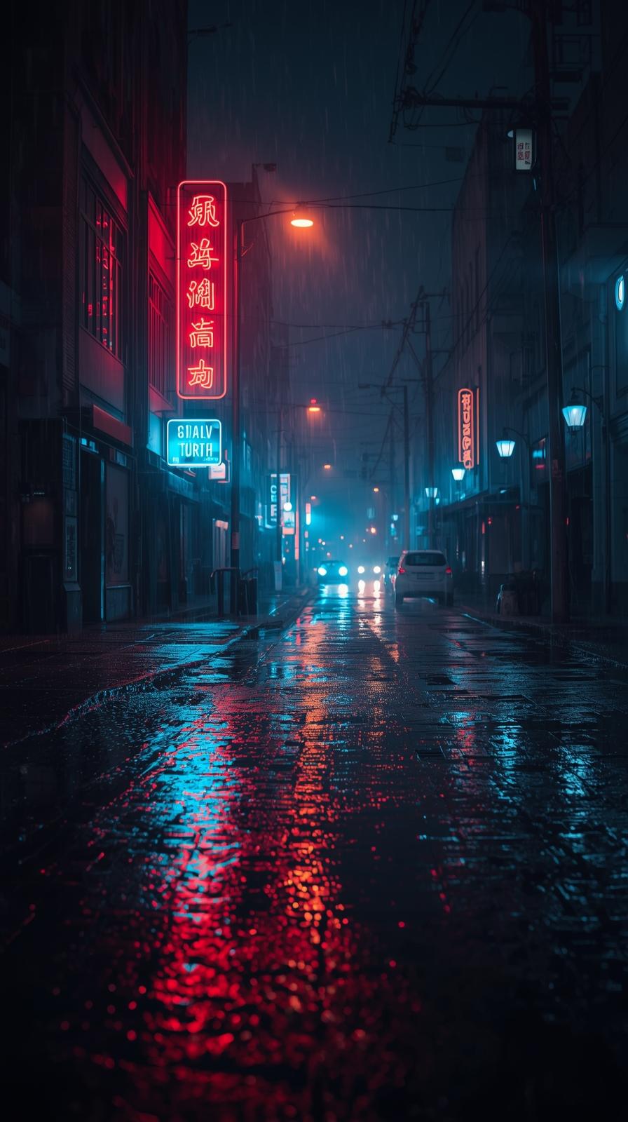 Rainy City Street With Reflections And Moody Light