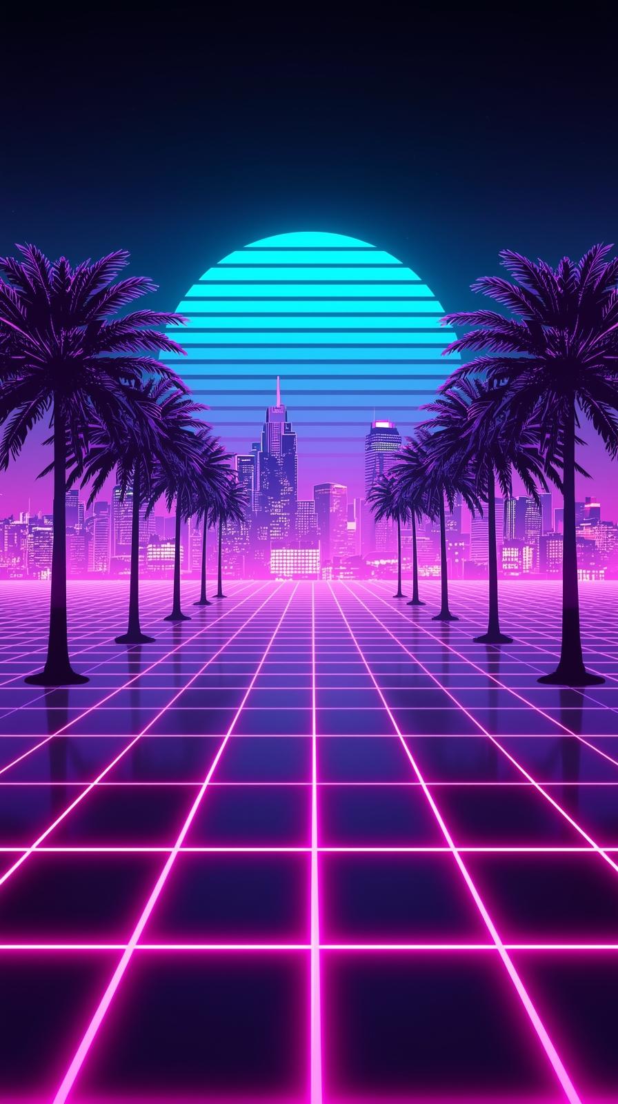 Retro   S Neon City Grid With Palm Silhouettes