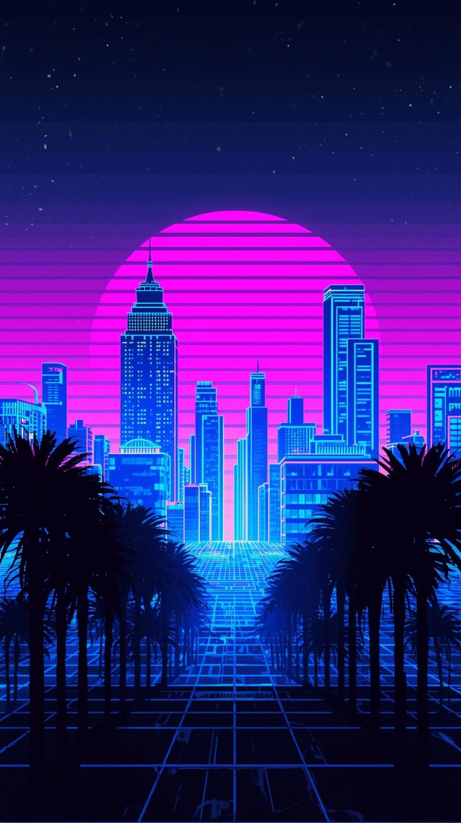 Retro   S Neon City Grid With Palm Silhouettes