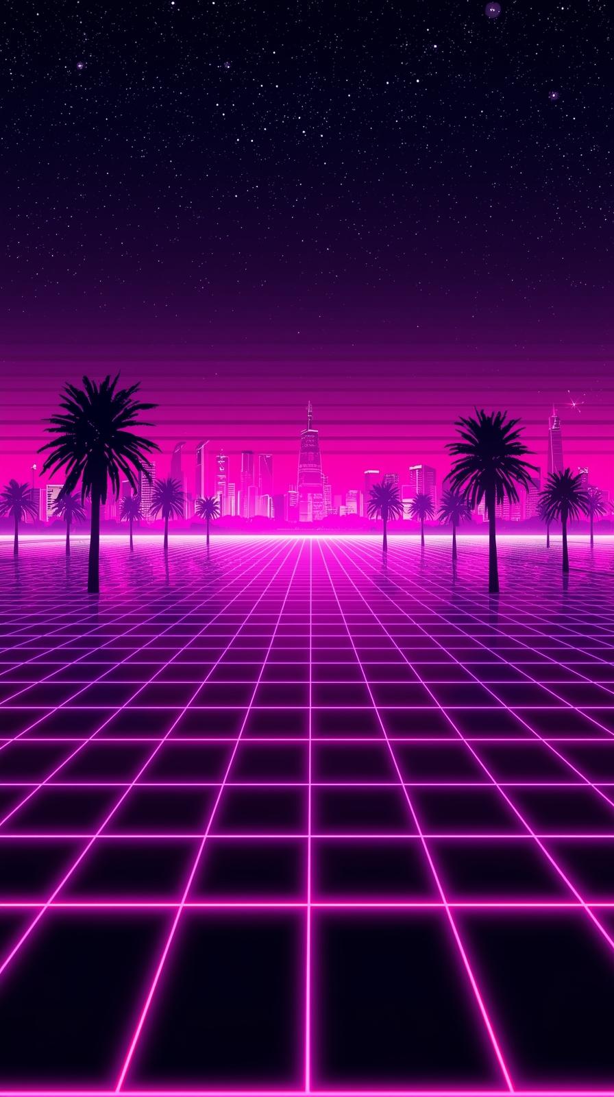 Retro   S Neon City Grid With Palm Silhouettes