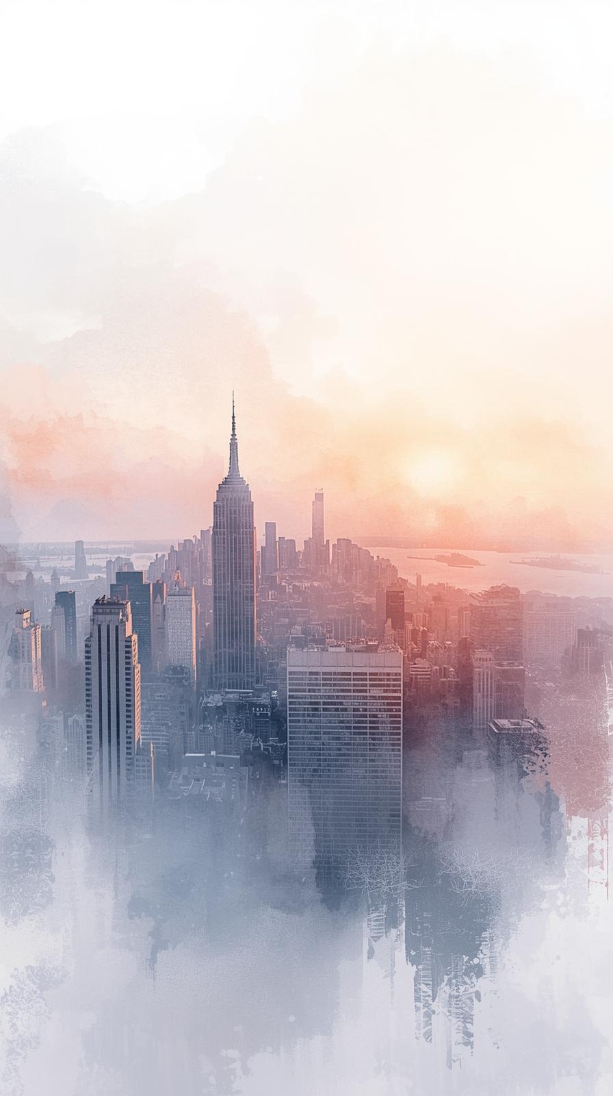 Soft Dreamy Watercolor Style City Skyline