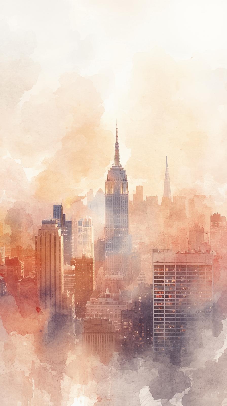 Soft Dreamy Watercolor Style City Skyline