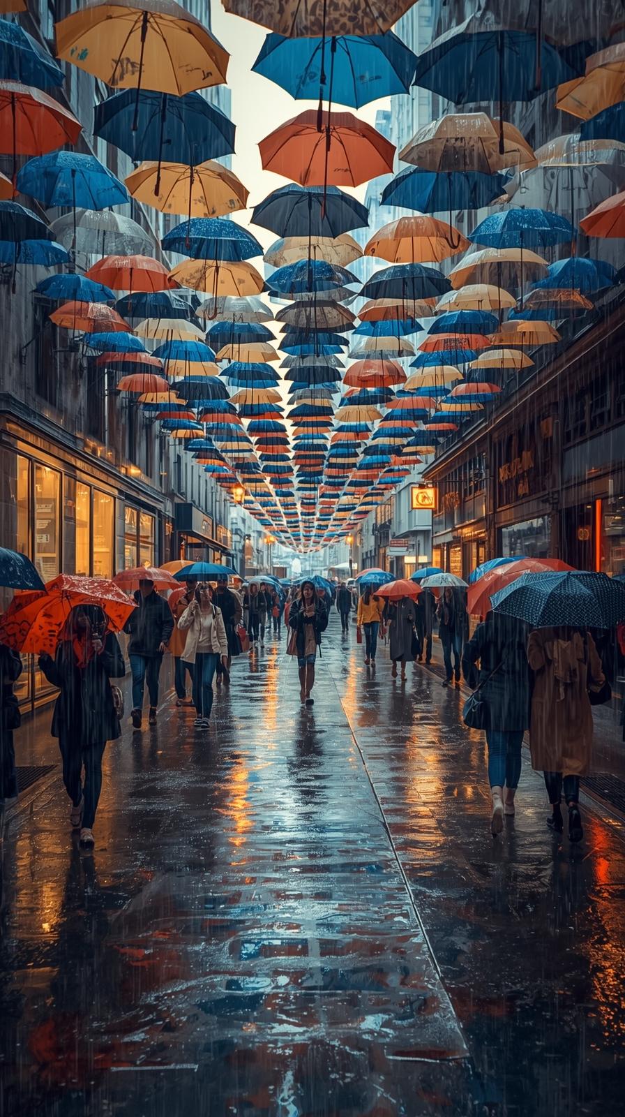 Street Full Of Umbrellas In Rainy Weather