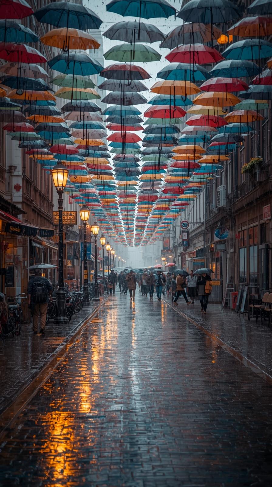 Street Full Of Umbrellas In Rainy Weather