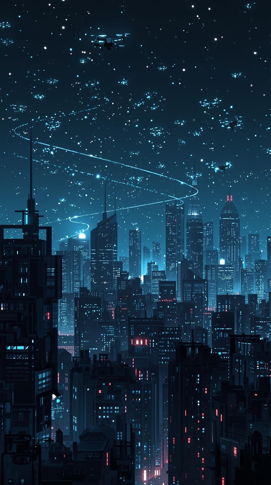 Urban City With Glowing Drones In The Skyilhouette