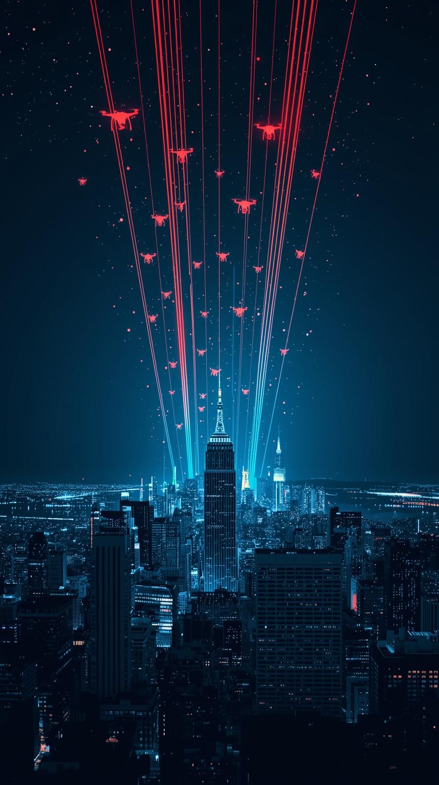 Urban City With Glowing Drones In The Skyilhouette