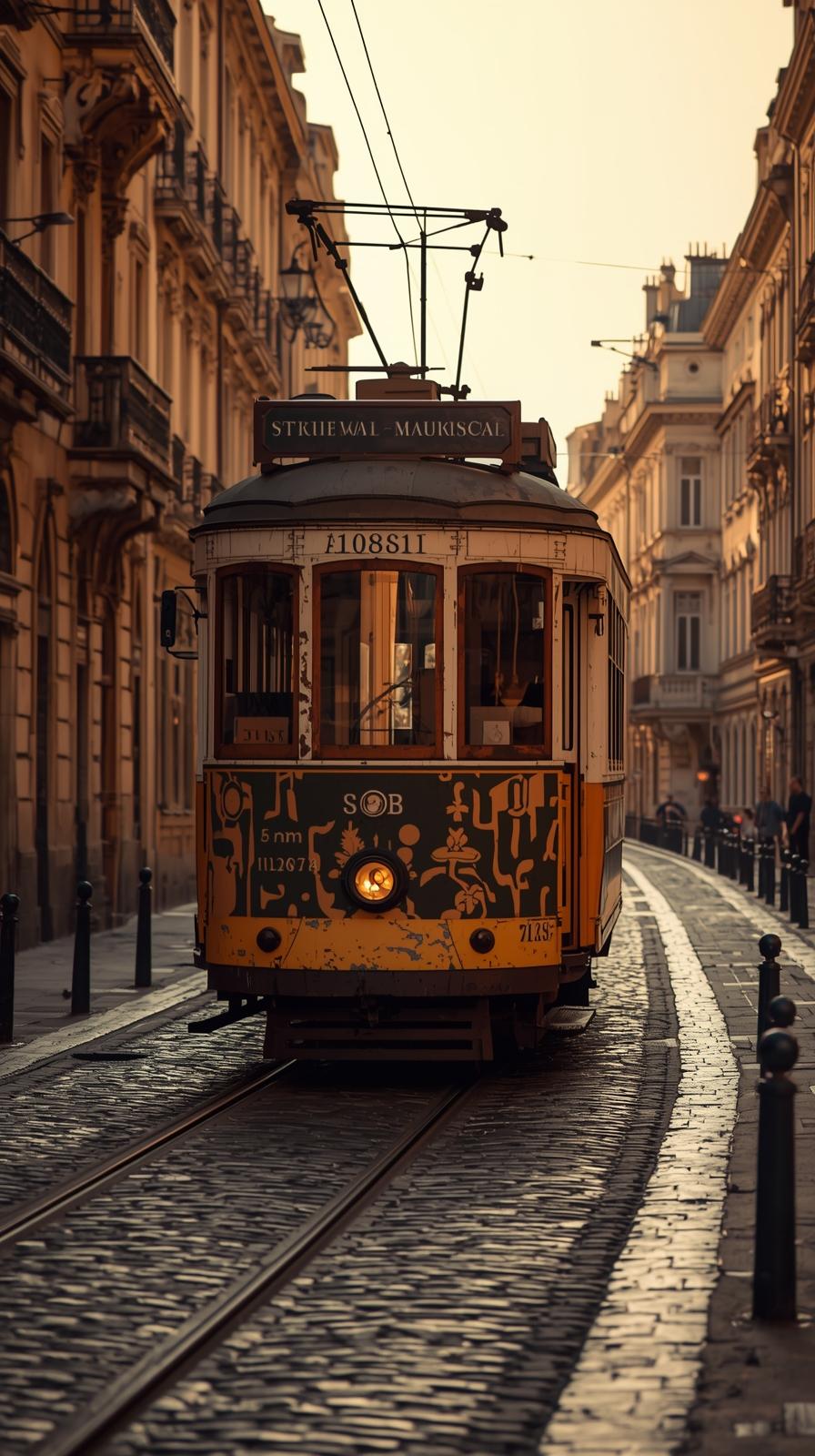Vintage Streetcar Moving Through Old City