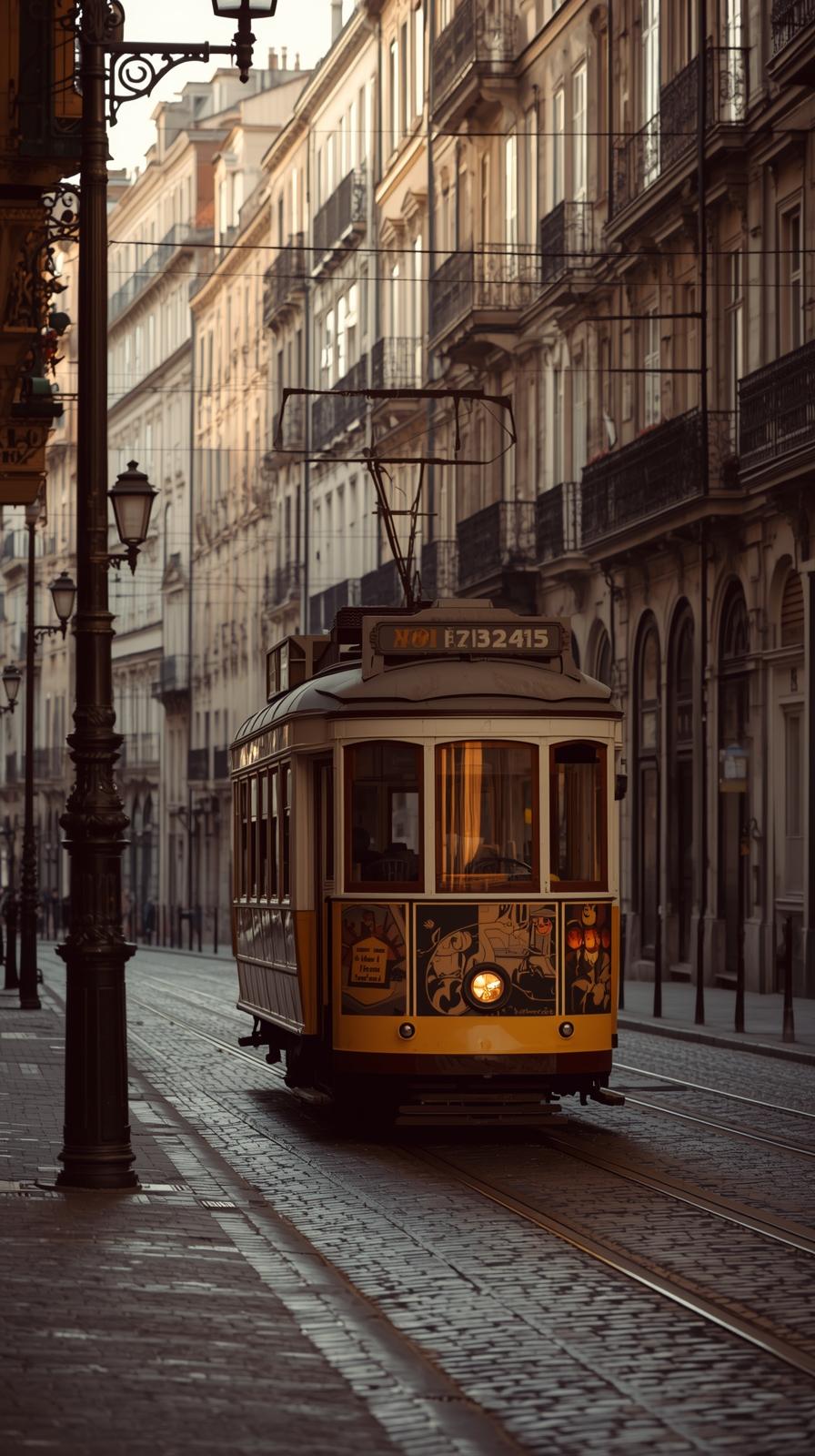 Vintage Streetcar Moving Through Old City