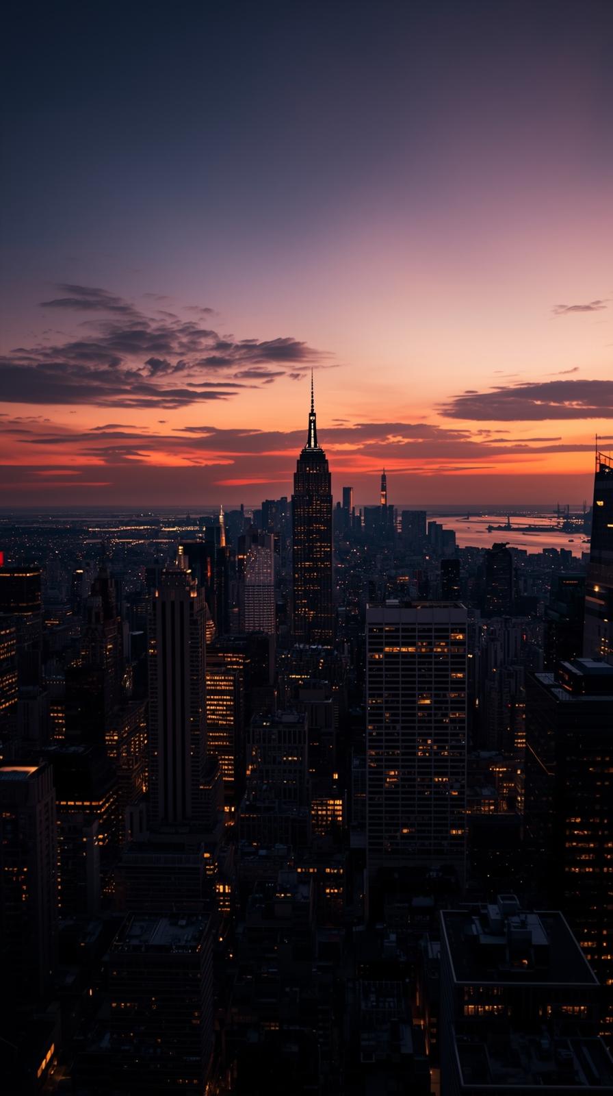 Wide Panoramic City Skyline At Dusk